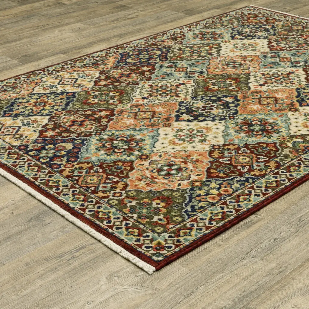 2' X 3' Red Rust Navy Light Blue Brown Orange Ivory And Gold Oriental Power Loom Stain Resistant Area Rug With Fringe - Image 4