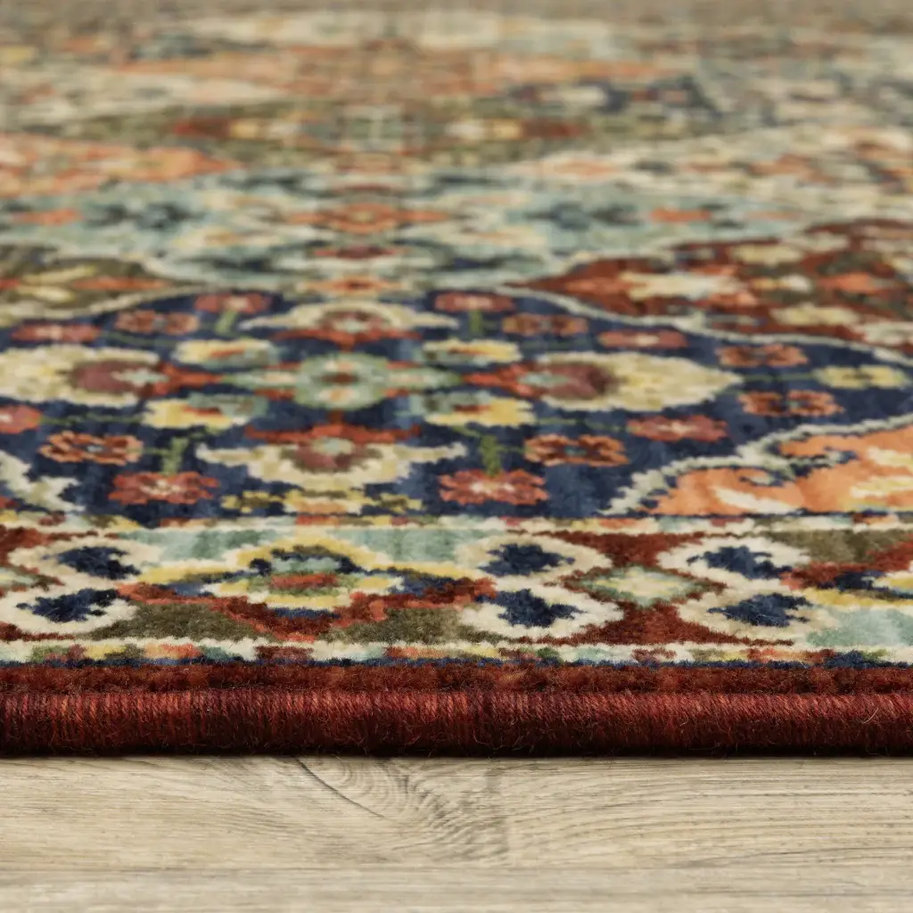 2' X 3' Red Rust Navy Light Blue Brown Orange Ivory And Gold Oriental Power Loom Stain Resistant Area Rug With Fringe - Image 7