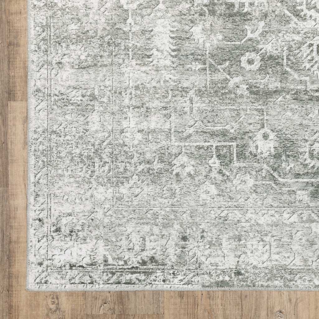 2' X 3' Sage Green Grey Ivory And Silver Oriental Printed Stain Resistant Non Skid Area Rug - Image 3