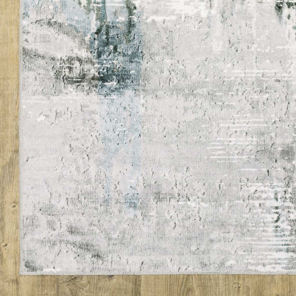 2' X 3' Silver Grey Teal Blue And Charcoal Abstract Printed Stain Resistant Non Skid Area Rug - Image 2