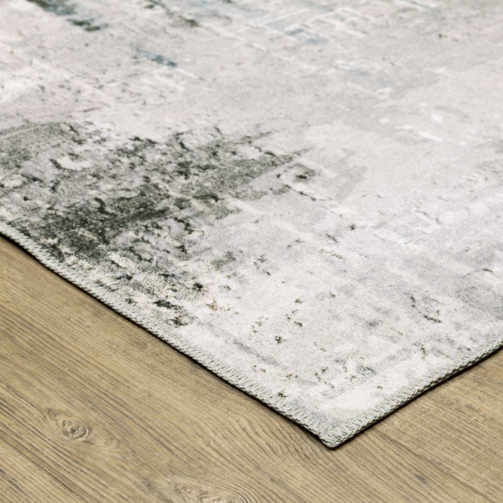 2' X 3' Silver Grey Teal Blue And Charcoal Abstract Printed Stain Resistant Non Skid Area Rug - Image 3