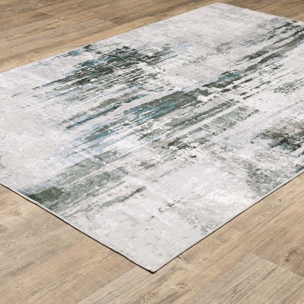 2' X 3' Silver Grey Teal Blue And Charcoal Abstract Printed Stain Resistant Non Skid Area Rug - Image 4