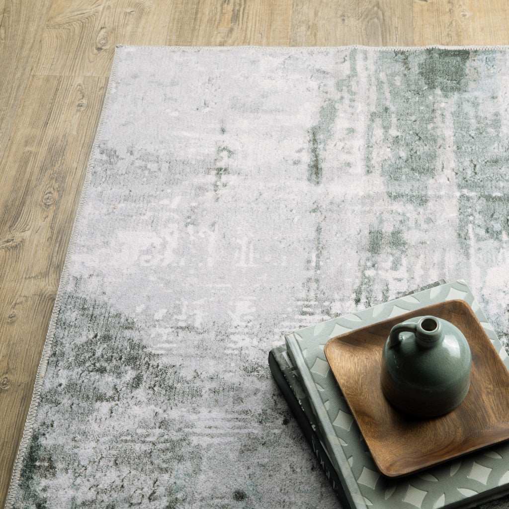 2' X 3' Silver Grey Teal Blue And Charcoal Abstract Printed Stain Resistant Non Skid Area Rug - Image 5
