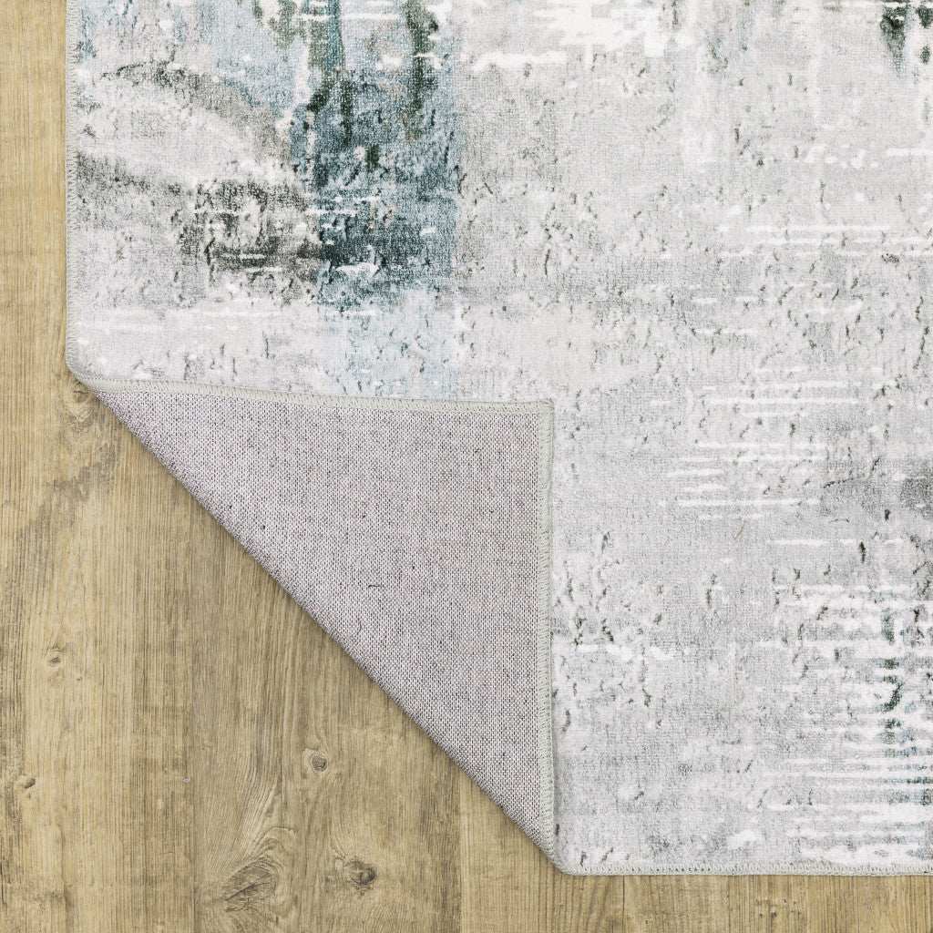 2' X 3' Silver Grey Teal Blue And Charcoal Abstract Printed Stain Resistant Non Skid Area Rug - Image 6