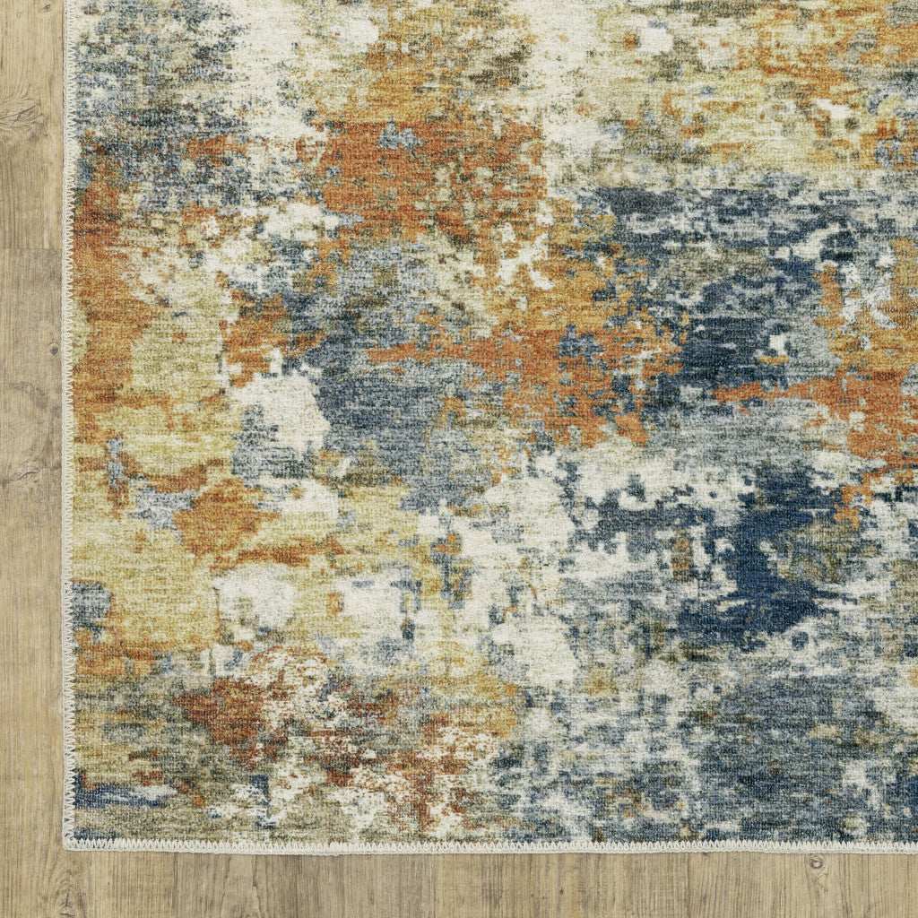 2' X 3' Teal Blue Orange Gold Grey Tan Brown And Beige Abstract Printed Stain Resistant Non Skid Area Rug - Image 2
