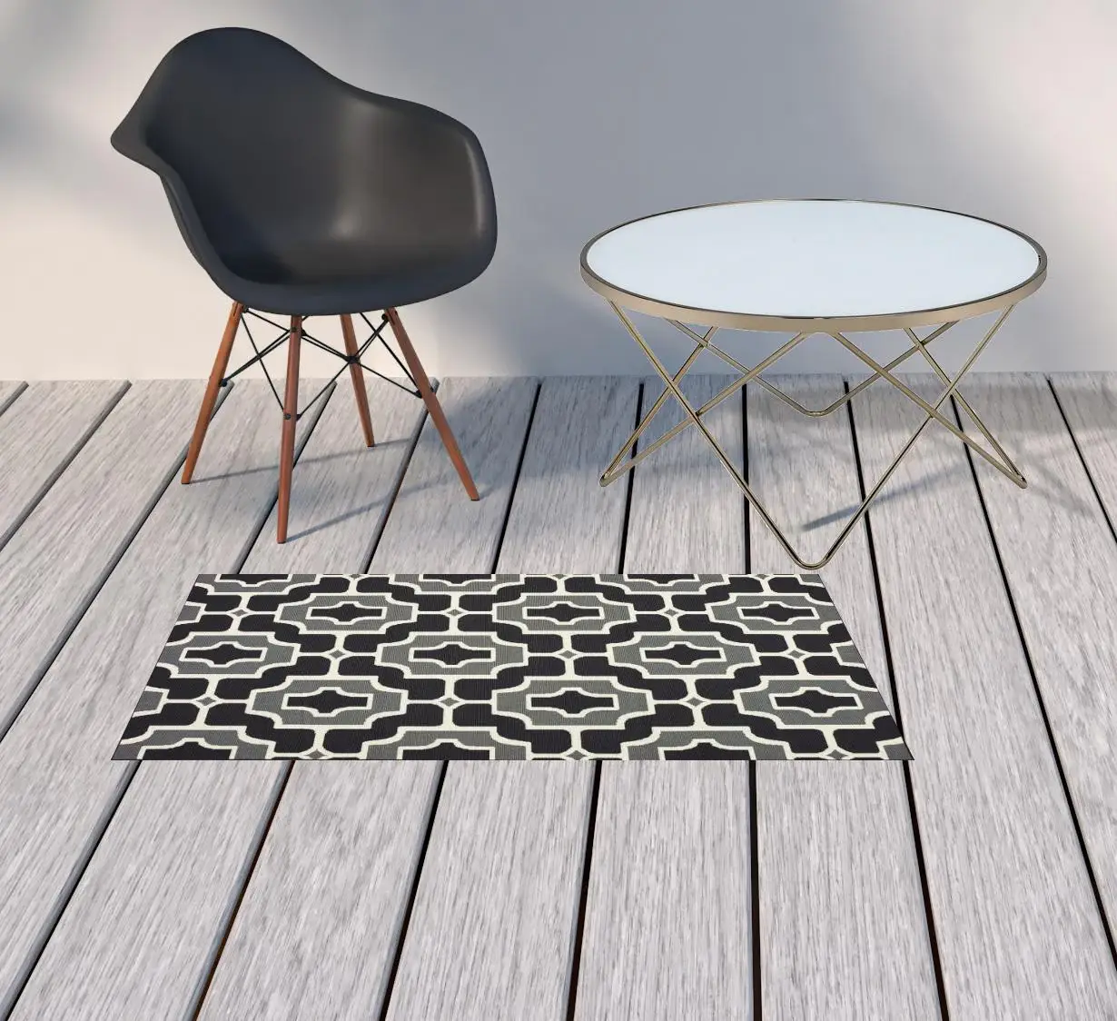 2' X 4' Black and Gray Geometric Stain Resistant Indoor Outdoor Area Rug - Image 2
