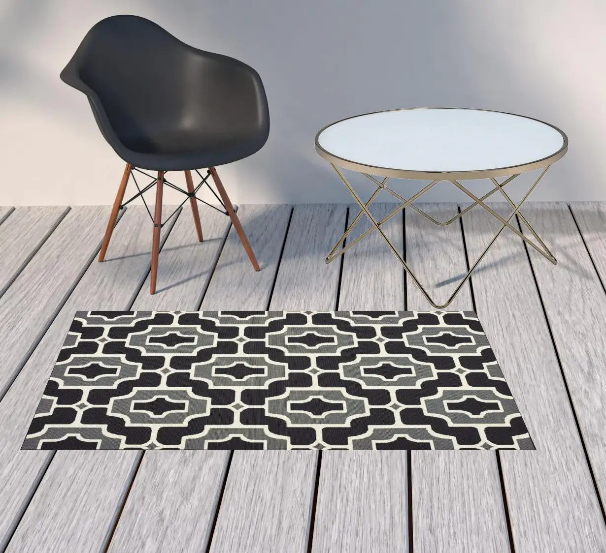 2' X 4' Black and Gray Geometric Stain Resistant Indoor Outdoor Area Rug - Image 2