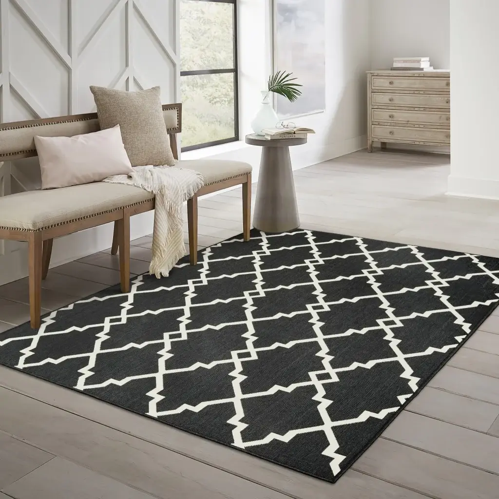 2' X 4' Black and Ivory Indoor Outdoor Area Rug - Image 9
