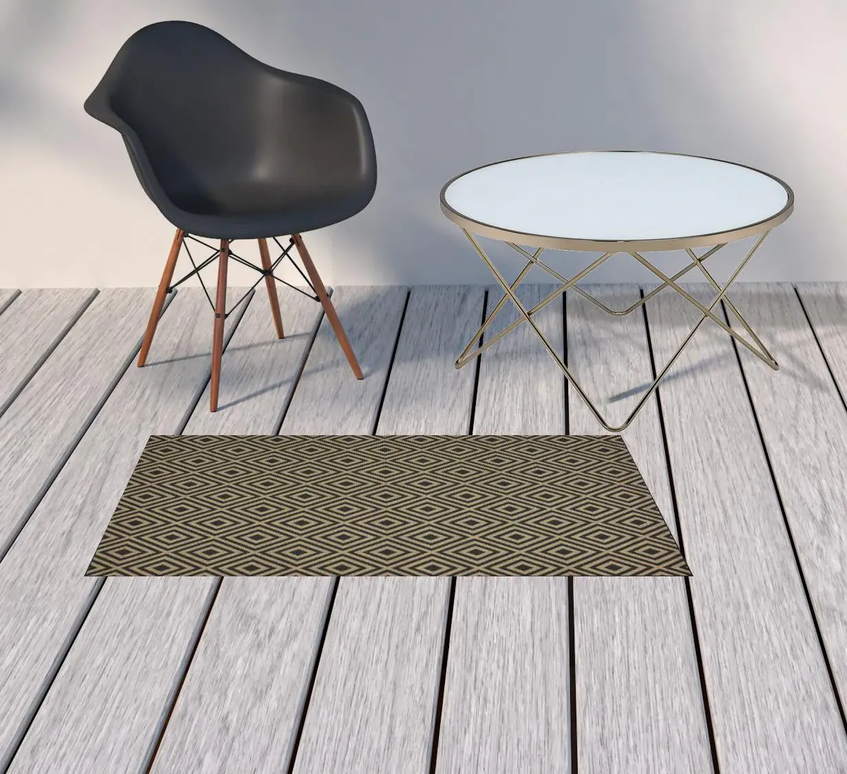 2' X 4' Black and Tan Geometric Stain Resistant Indoor Outdoor Area Rug - Image 2