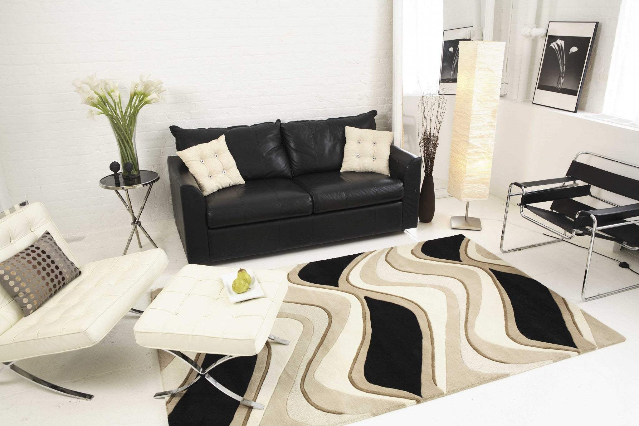 2' X 4' Black Or Beige Waves Wool Area Rug - Image 5
