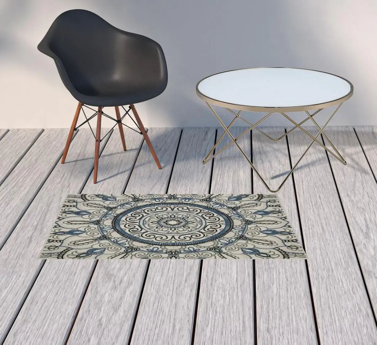 2' X 4' Blue and Beige Geometric Stain Resistant Indoor Outdoor Area Rug - Image 2