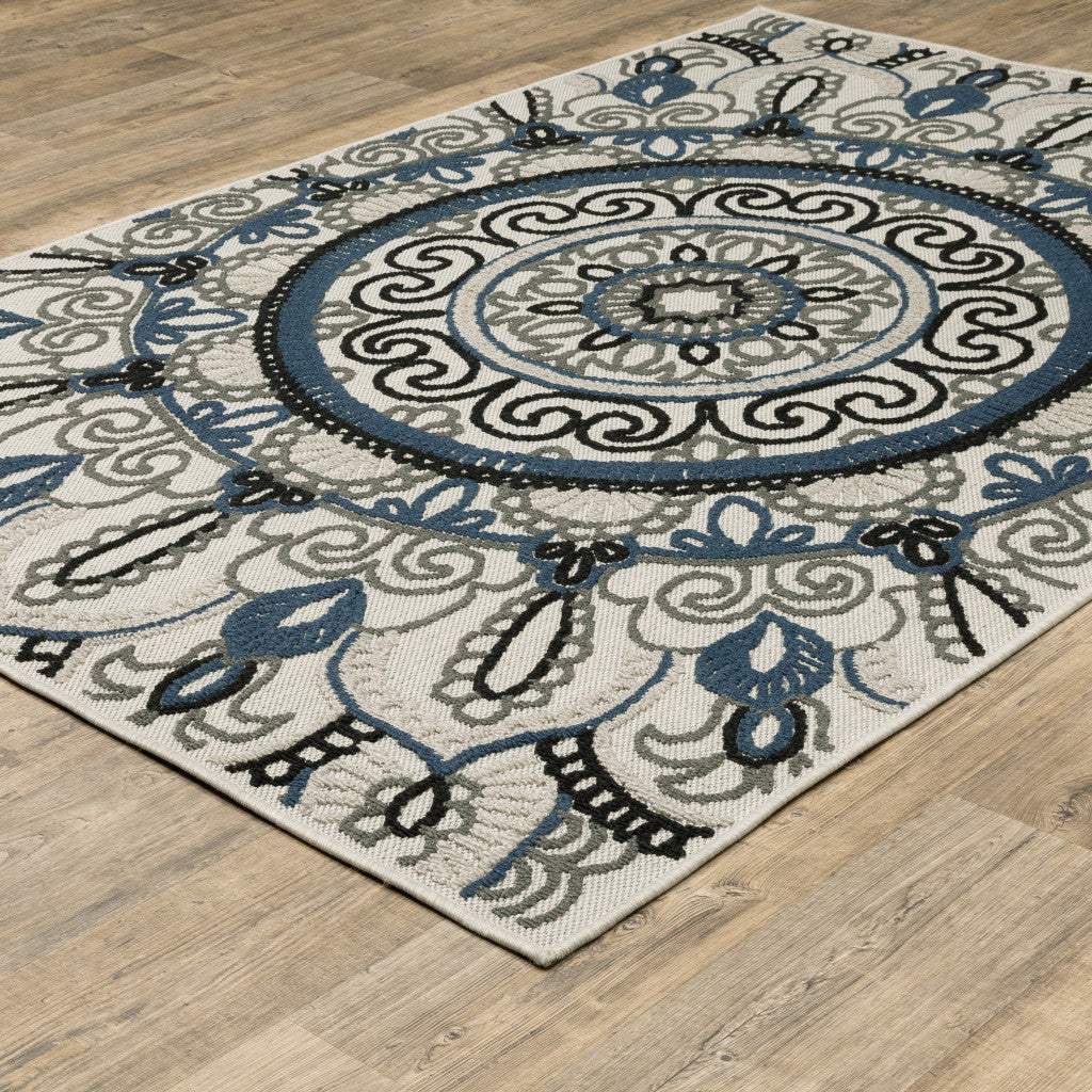 2' X 4' Blue and Beige Geometric Stain Resistant Indoor Outdoor Area Rug - Image 5