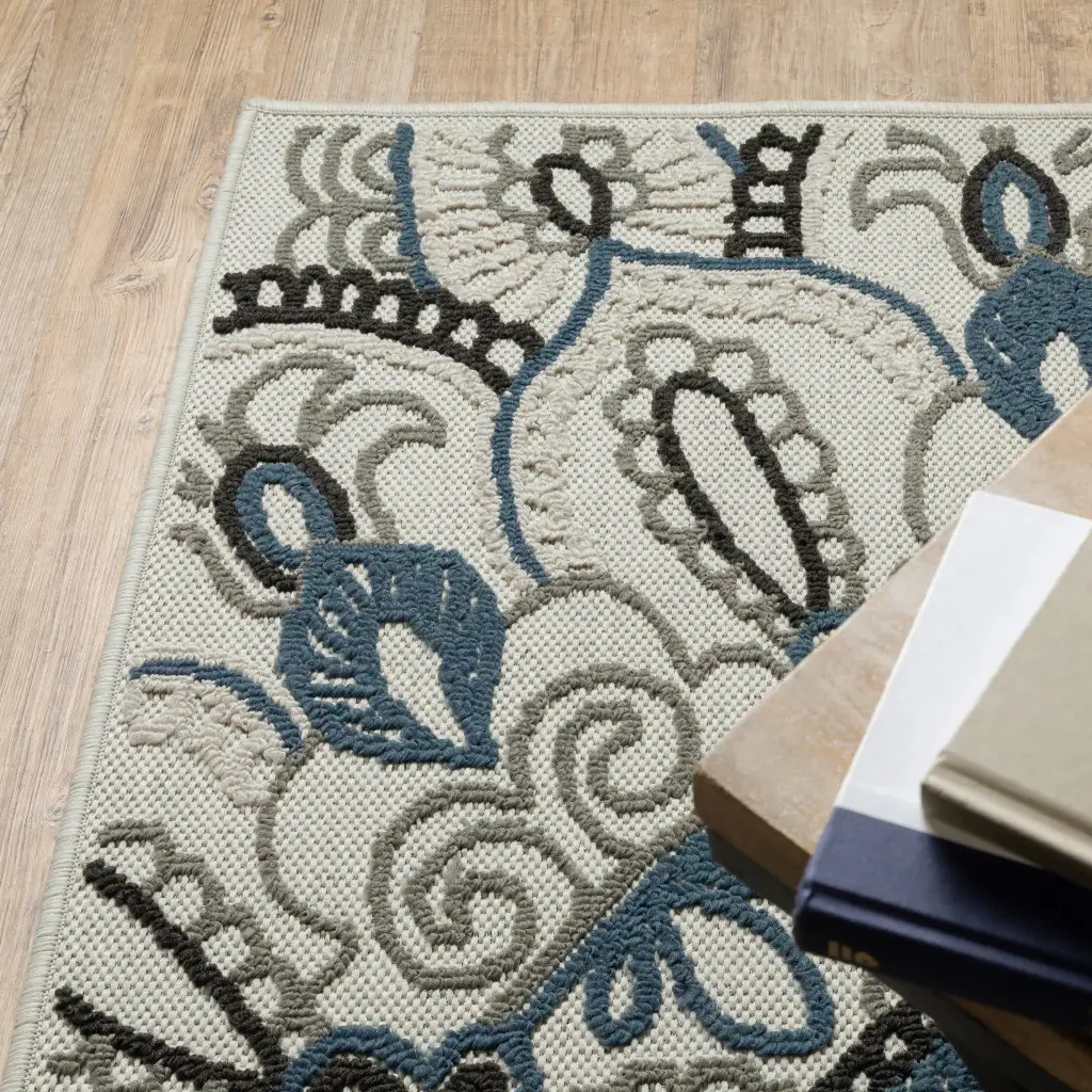 2' X 4' Blue and Beige Geometric Stain Resistant Indoor Outdoor Area Rug - Image 6