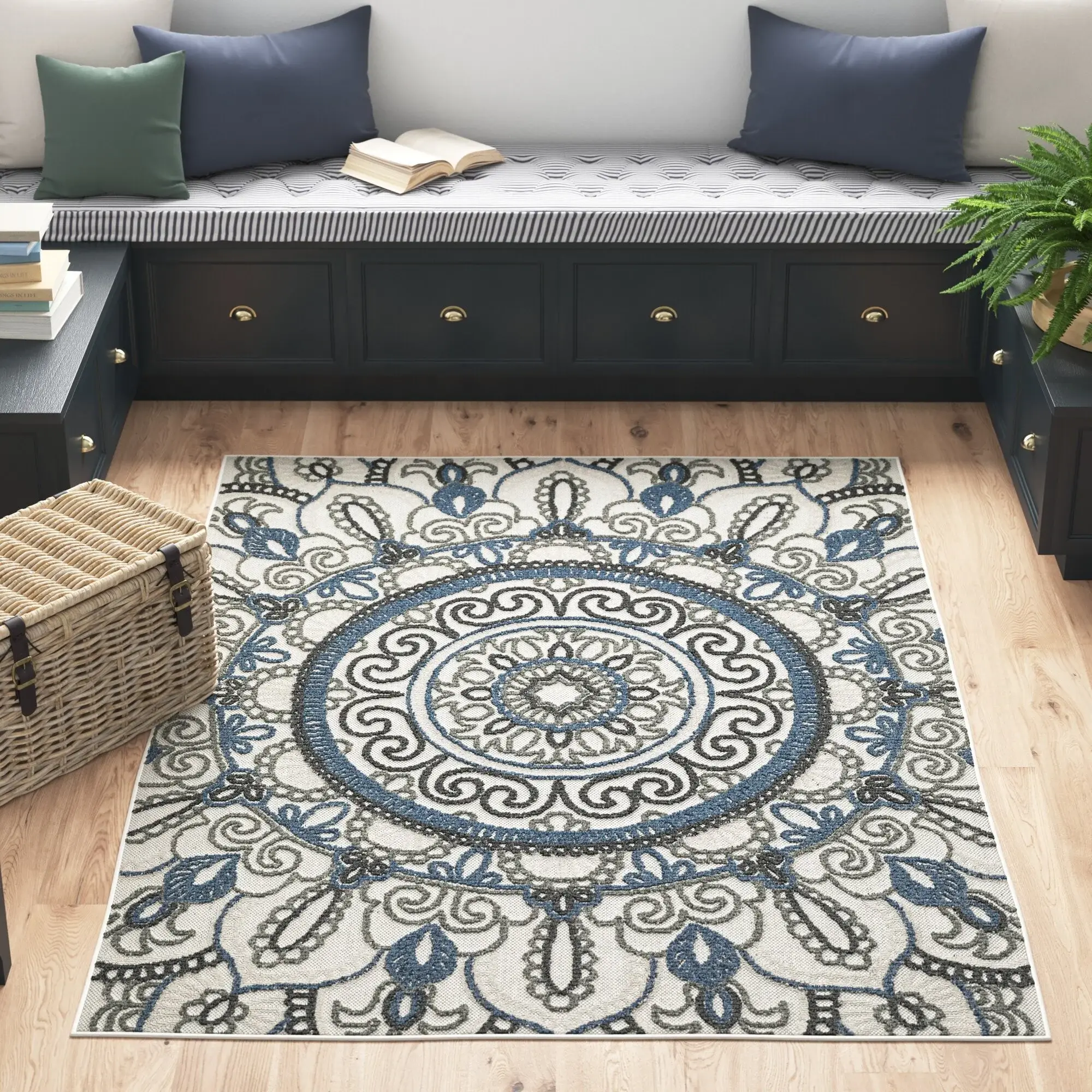 2' X 4' Blue and Beige Geometric Stain Resistant Indoor Outdoor Area Rug - Image 8
