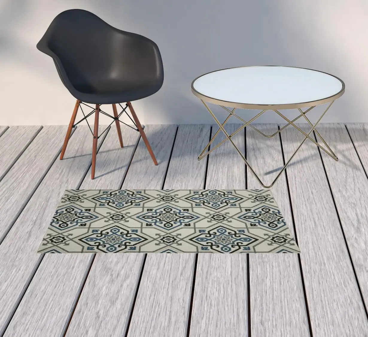 2' X 4' Blue and Beige Oriental Stain Resistant Indoor Outdoor Area Rug - Image 2
