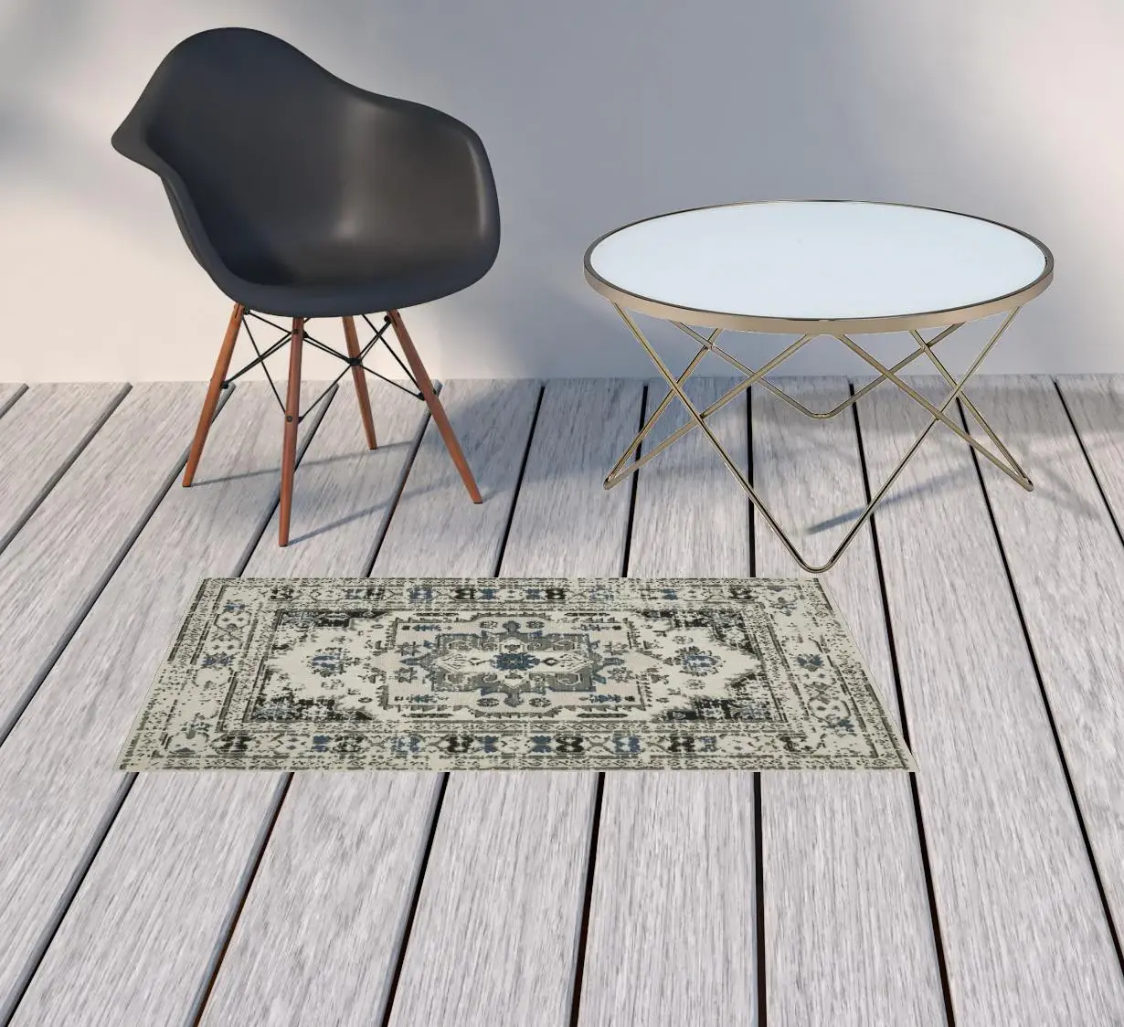 2' X 4' Blue and Beige Oriental Stain Resistant Indoor Outdoor Area Rug - Image 2