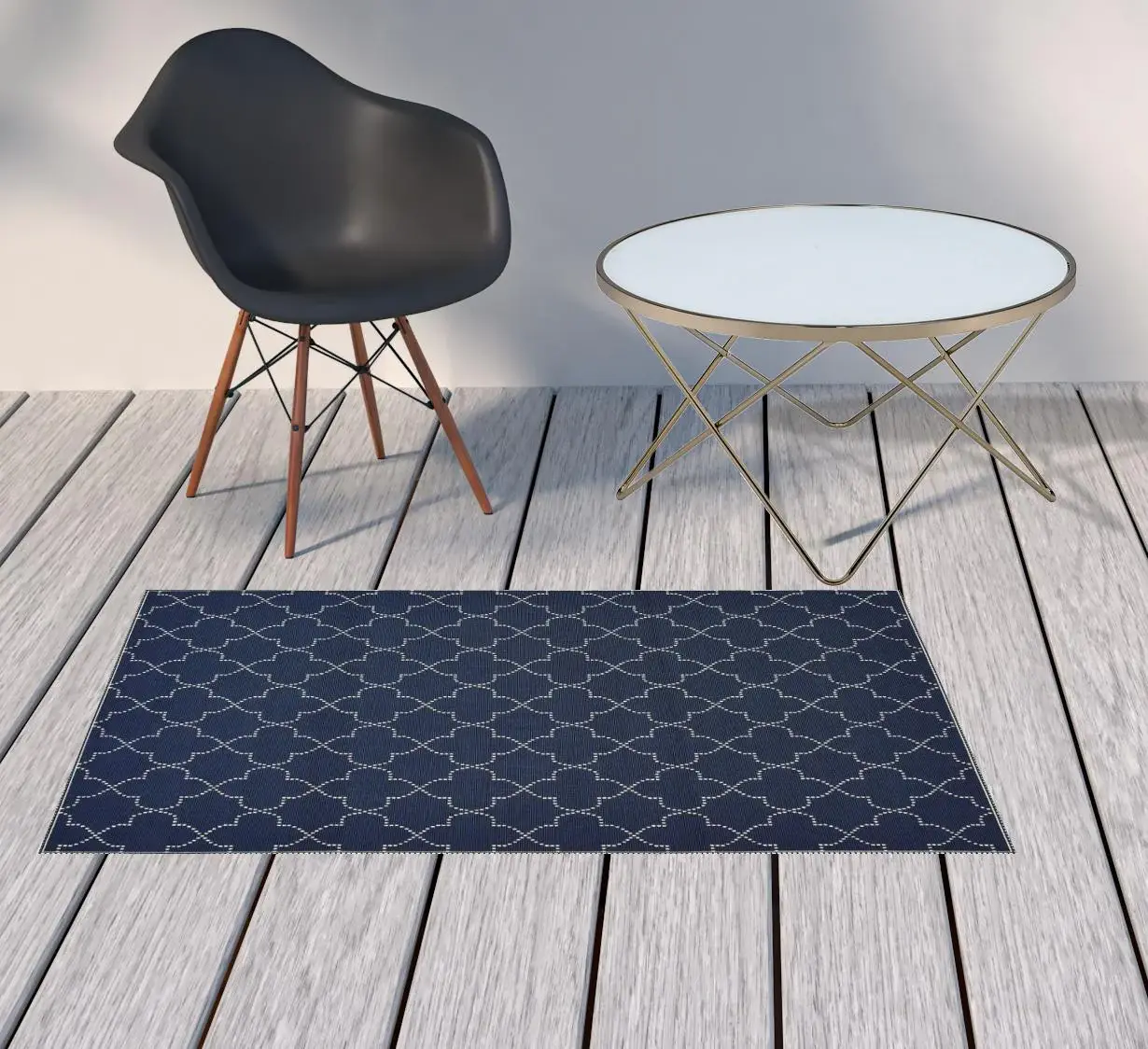2' X 4' Blue and Ivory Geometric Stain Resistant Indoor Outdoor Area Rug - Image 2