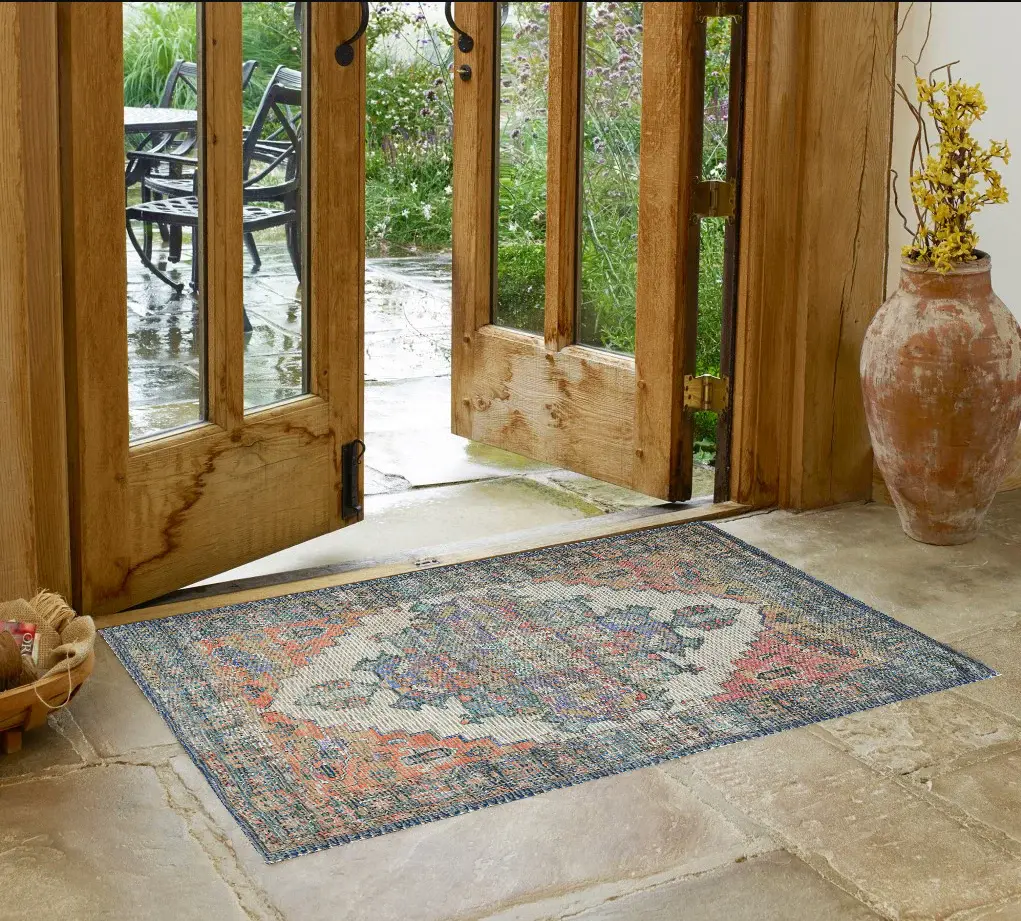 2' X 4' Blue and Ivory Medallion Hand Woven Distressed Area Rug