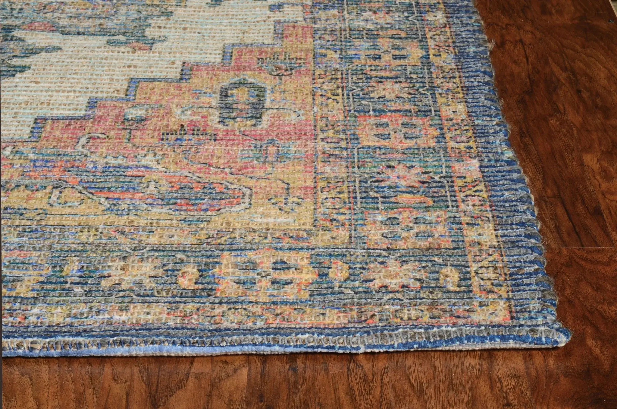 2' X 4' Blue and Ivory Medallion Hand Woven Distressed Area Rug - Image 5