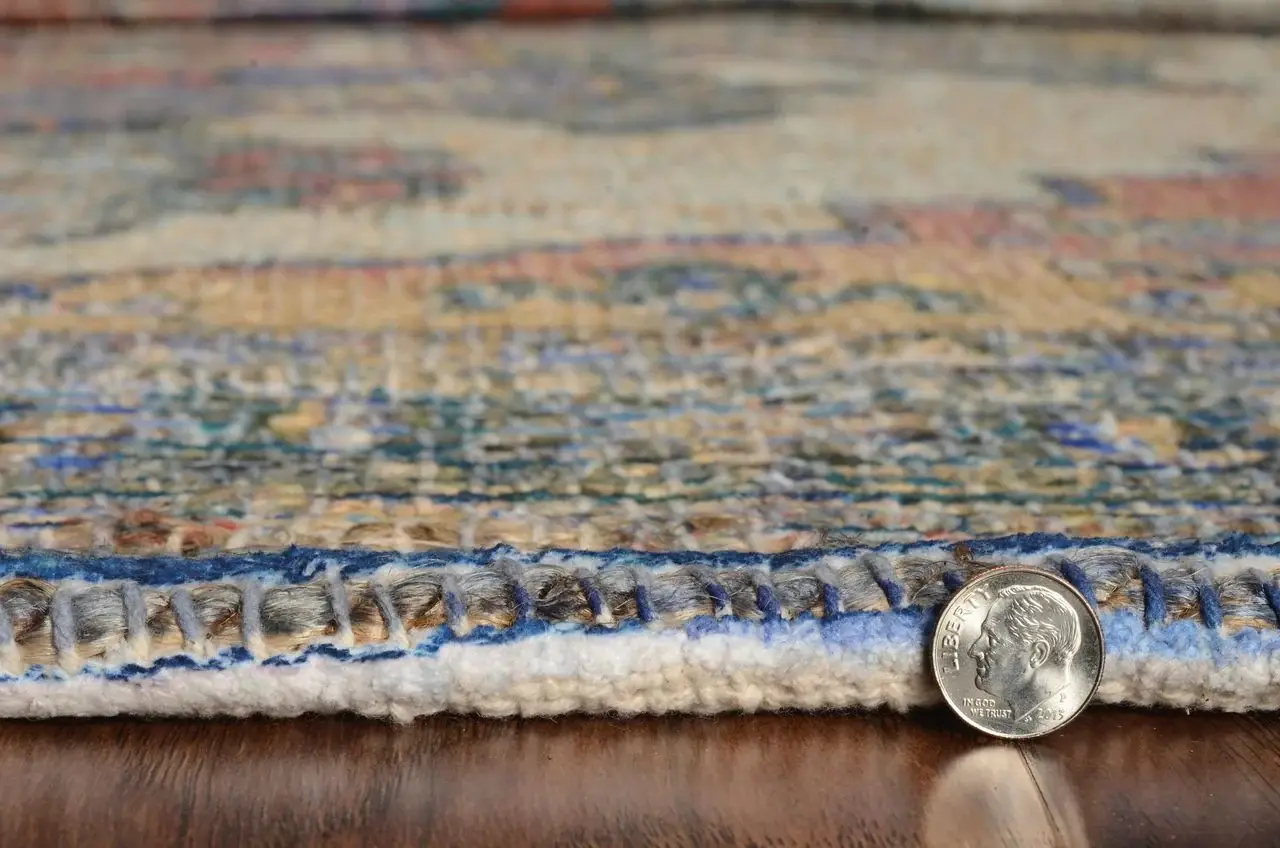2' X 4' Blue and Ivory Medallion Hand Woven Distressed Area Rug - Image 6