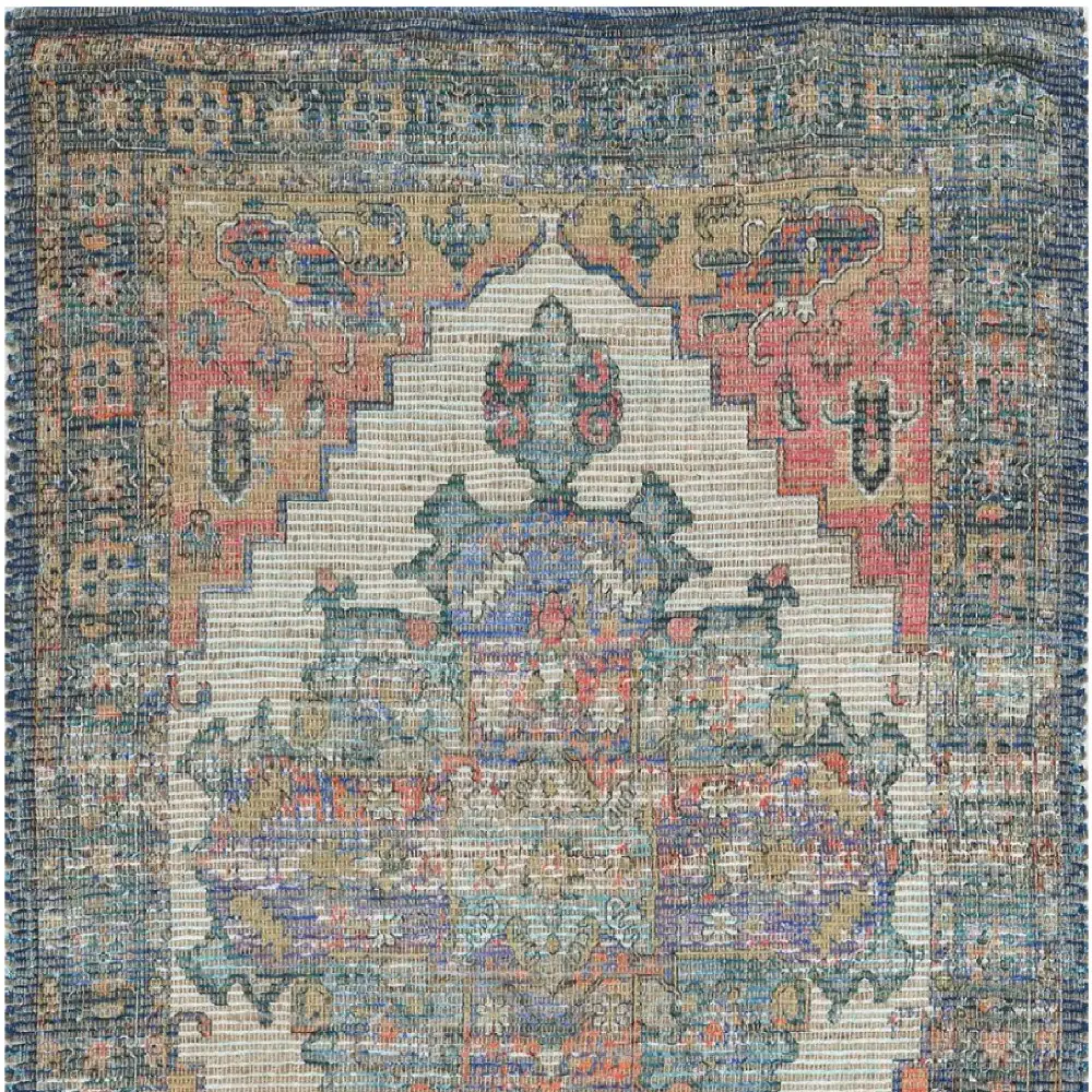 2' X 4' Blue and Ivory Medallion Hand Woven Distressed Area Rug - Image 9