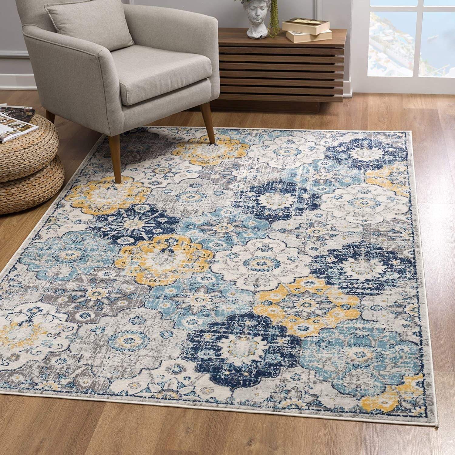 2' X 4' Blue and Yellow Floral Area Rug - Image 4