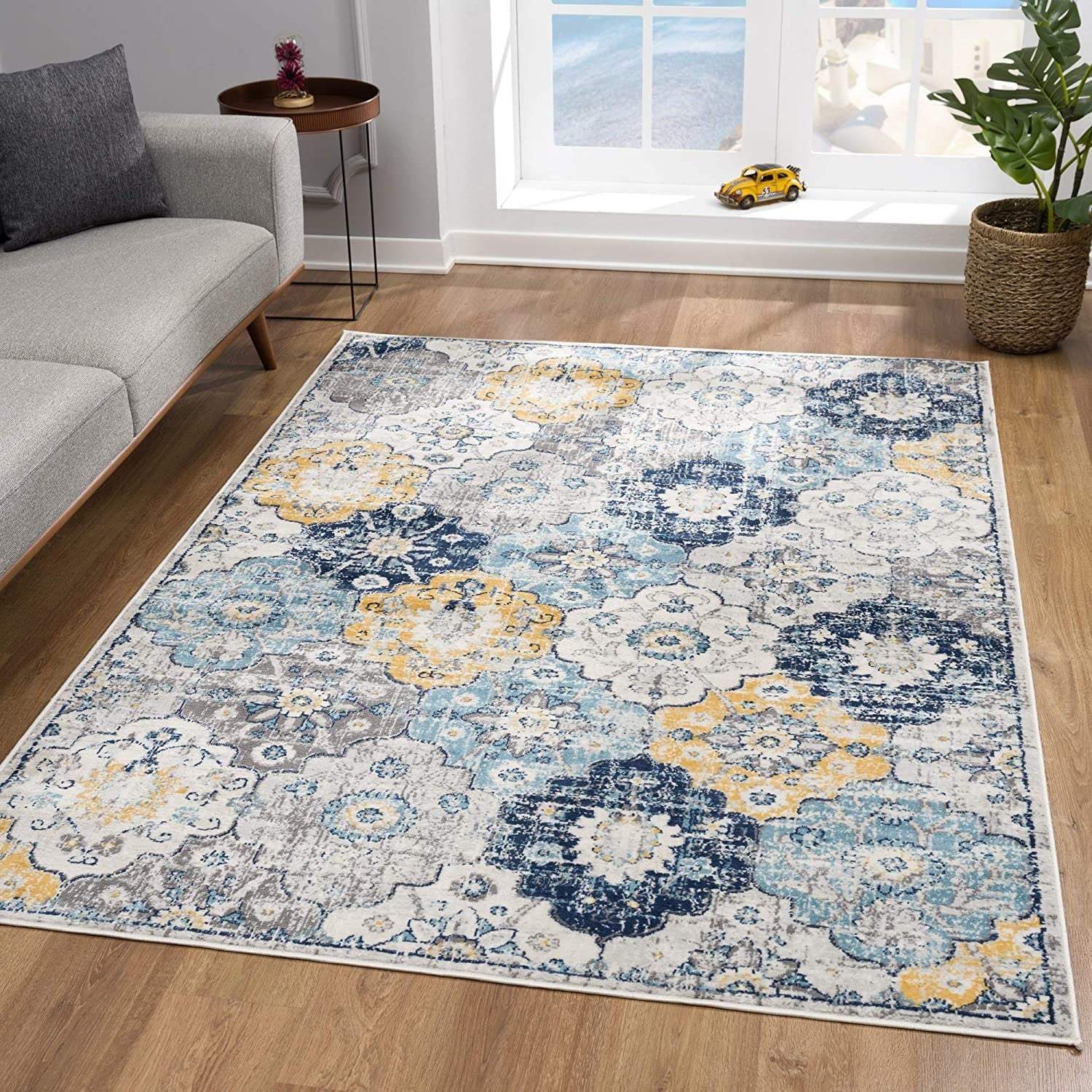 2' X 4' Blue and Yellow Floral Area Rug - Image 5