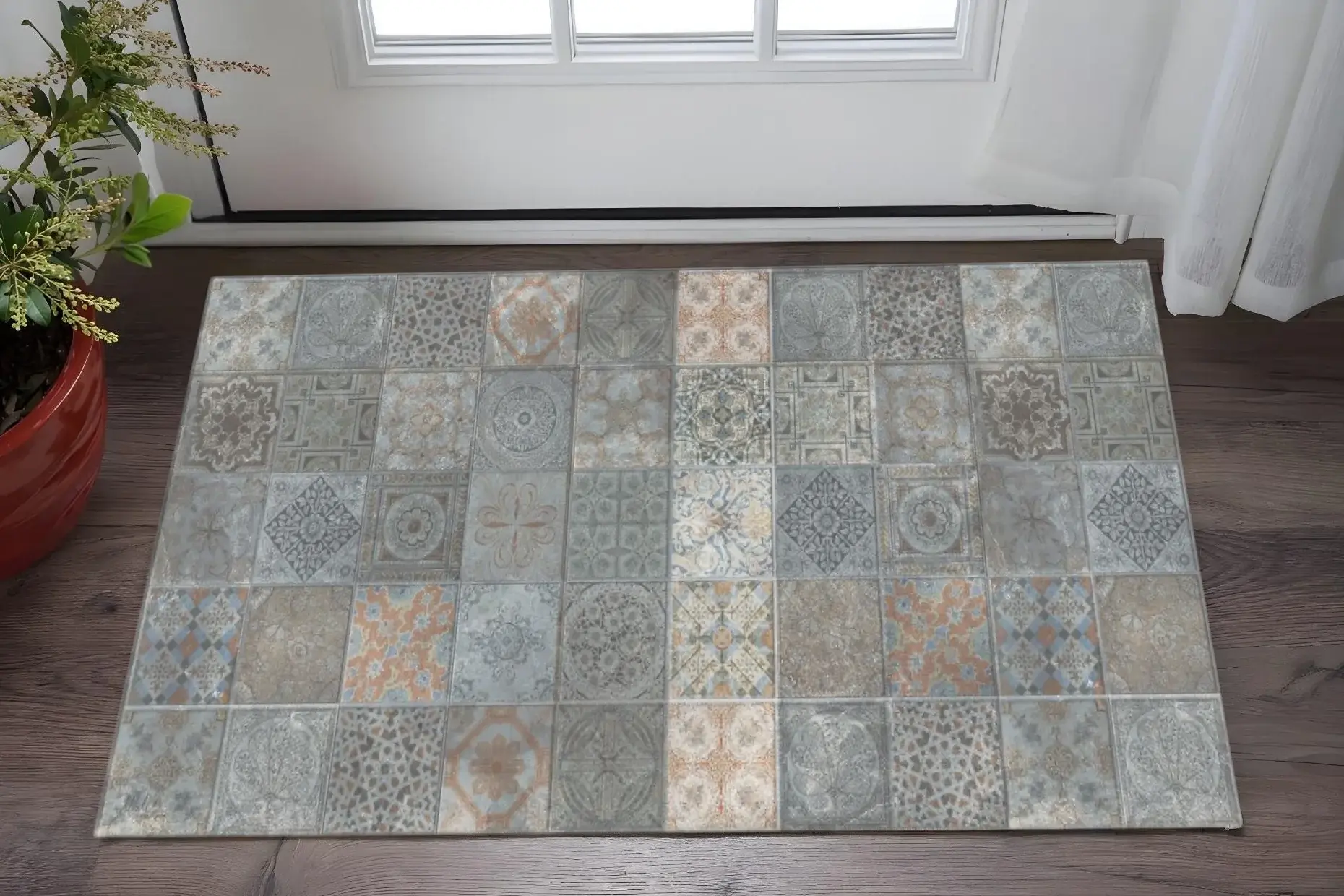 2' X 4' Brown And Gray Mosaic Tile Printed Vinyl Area Rug with UV Protection