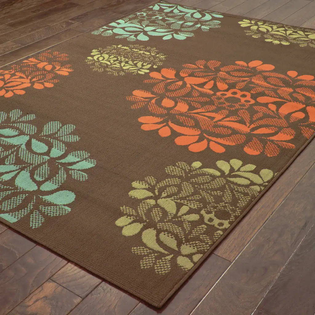 2' X 4' Brown Floral Stain Resistant Indoor Outdoor Area Rug - Image 4