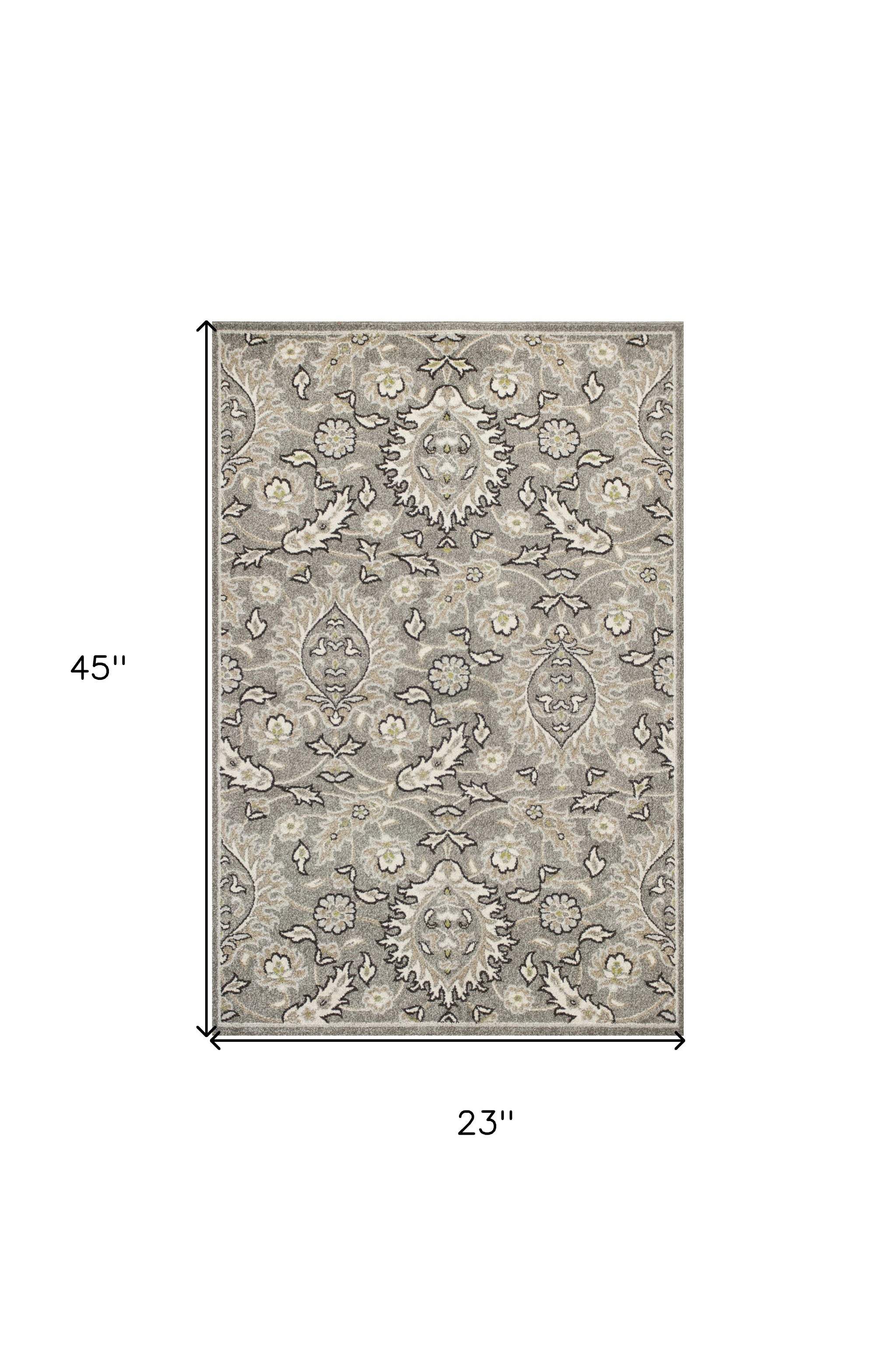 2' X 4' Gray and Ivory Floral Area Rug - Image 2