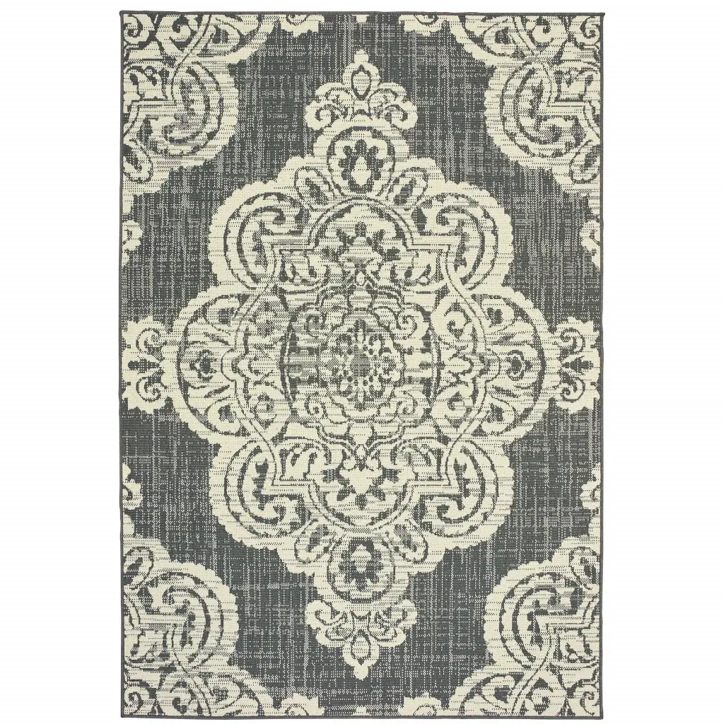 2' X 4' Gray and Ivory Oriental Stain Resistant Indoor Outdoor Area Rug