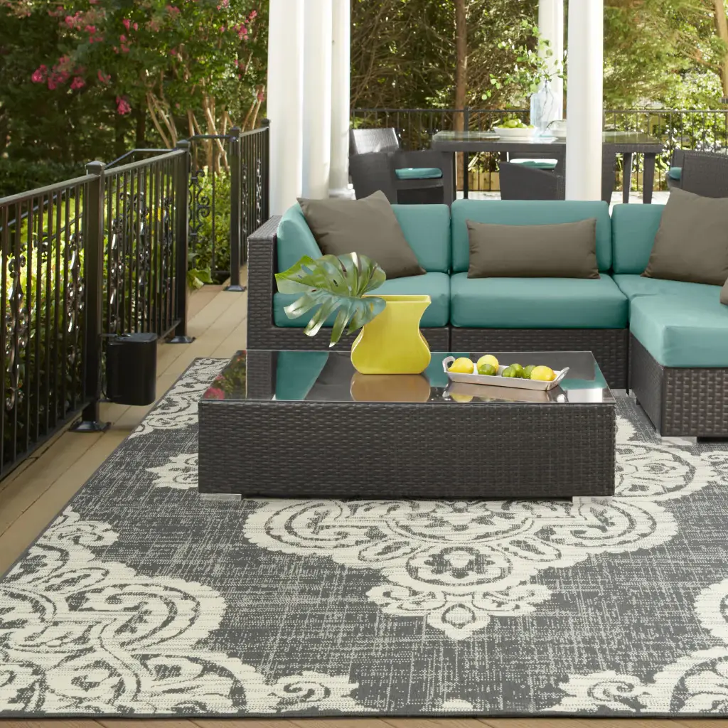 2' X 4' Gray and Ivory Oriental Stain Resistant Indoor Outdoor Area Rug - Image 5