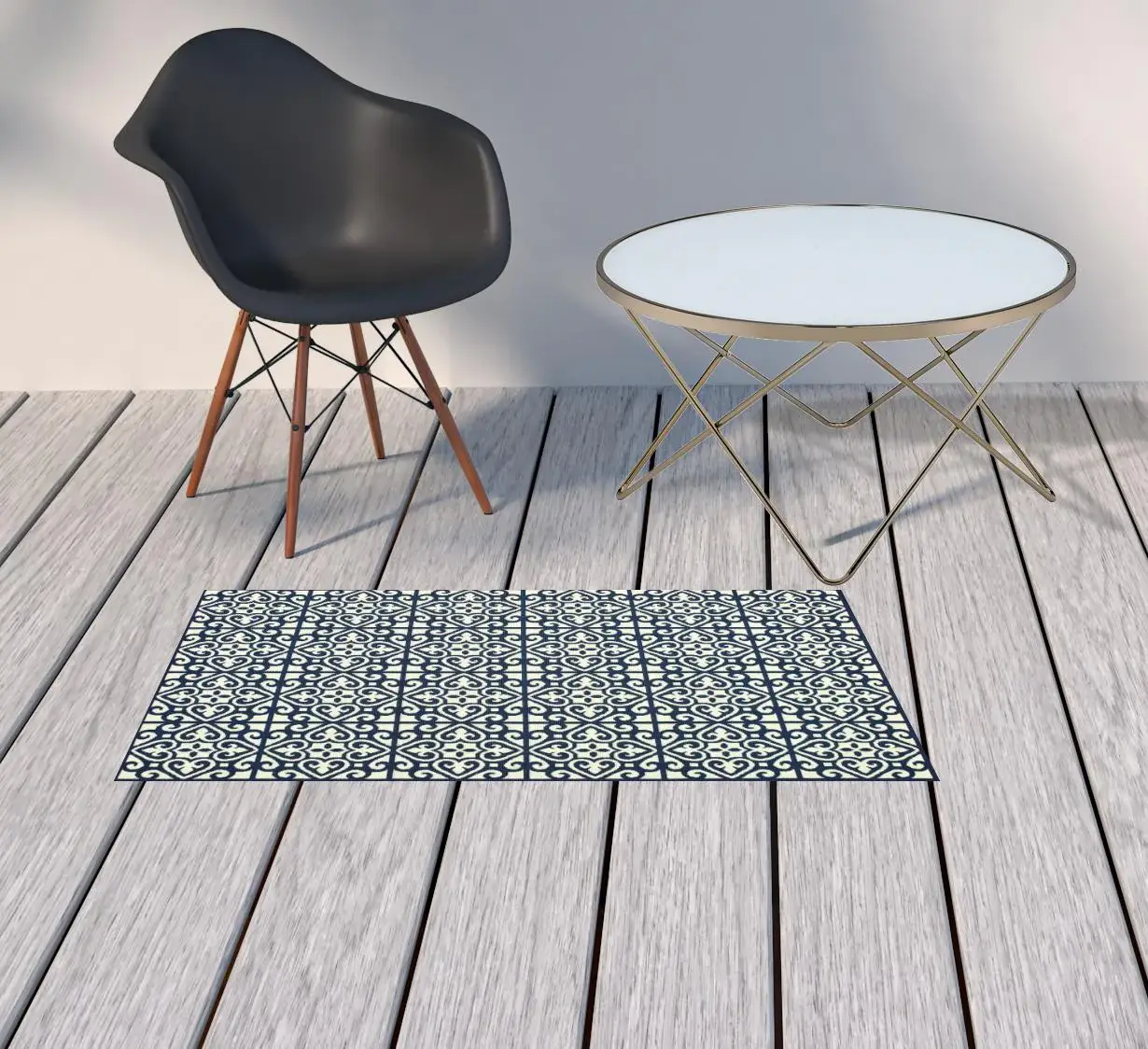 2' X 4' Ivory and Blue Geometric Stain Resistant Indoor Outdoor Area Rug - Image 2