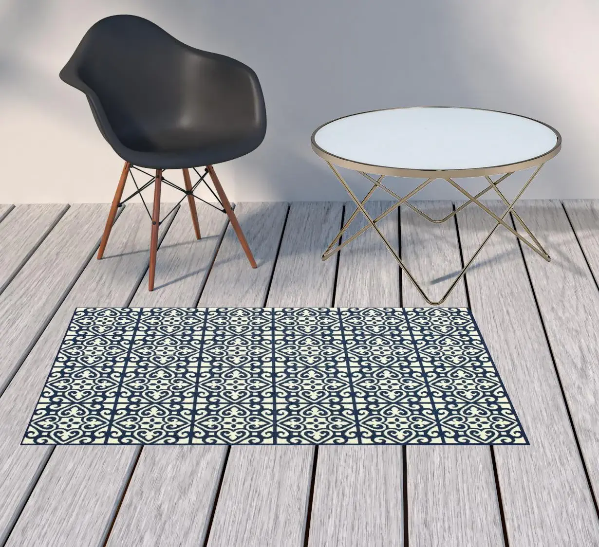 2' X 4' Ivory and Blue Geometric Stain Resistant Indoor Outdoor Area Rug - Image 2