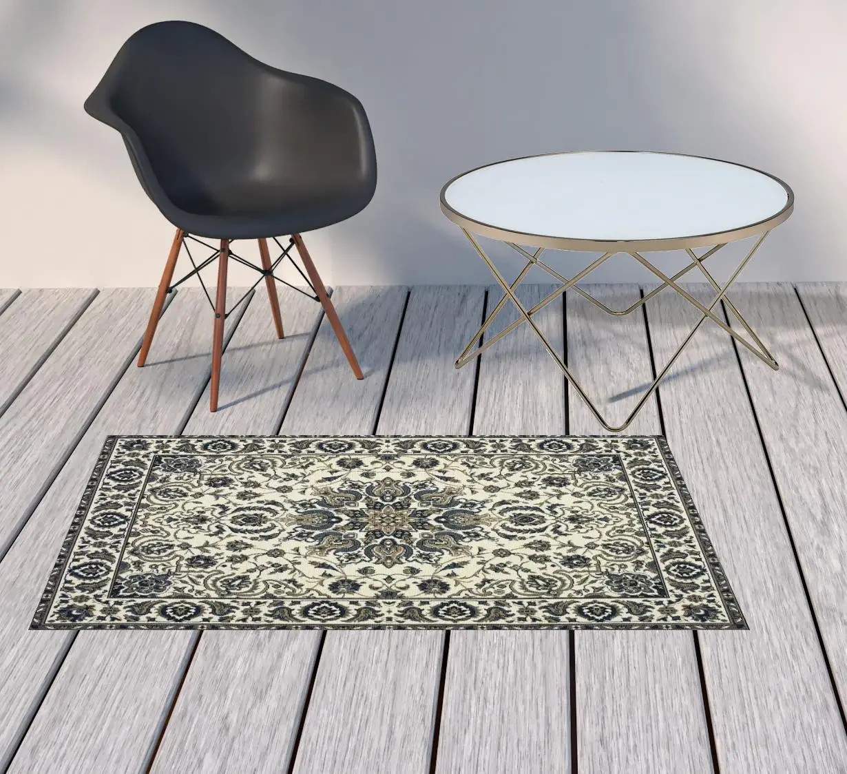 2' X 4' Ivory and Blue Oriental Stain Resistant Indoor Outdoor Area Rug - Image 2