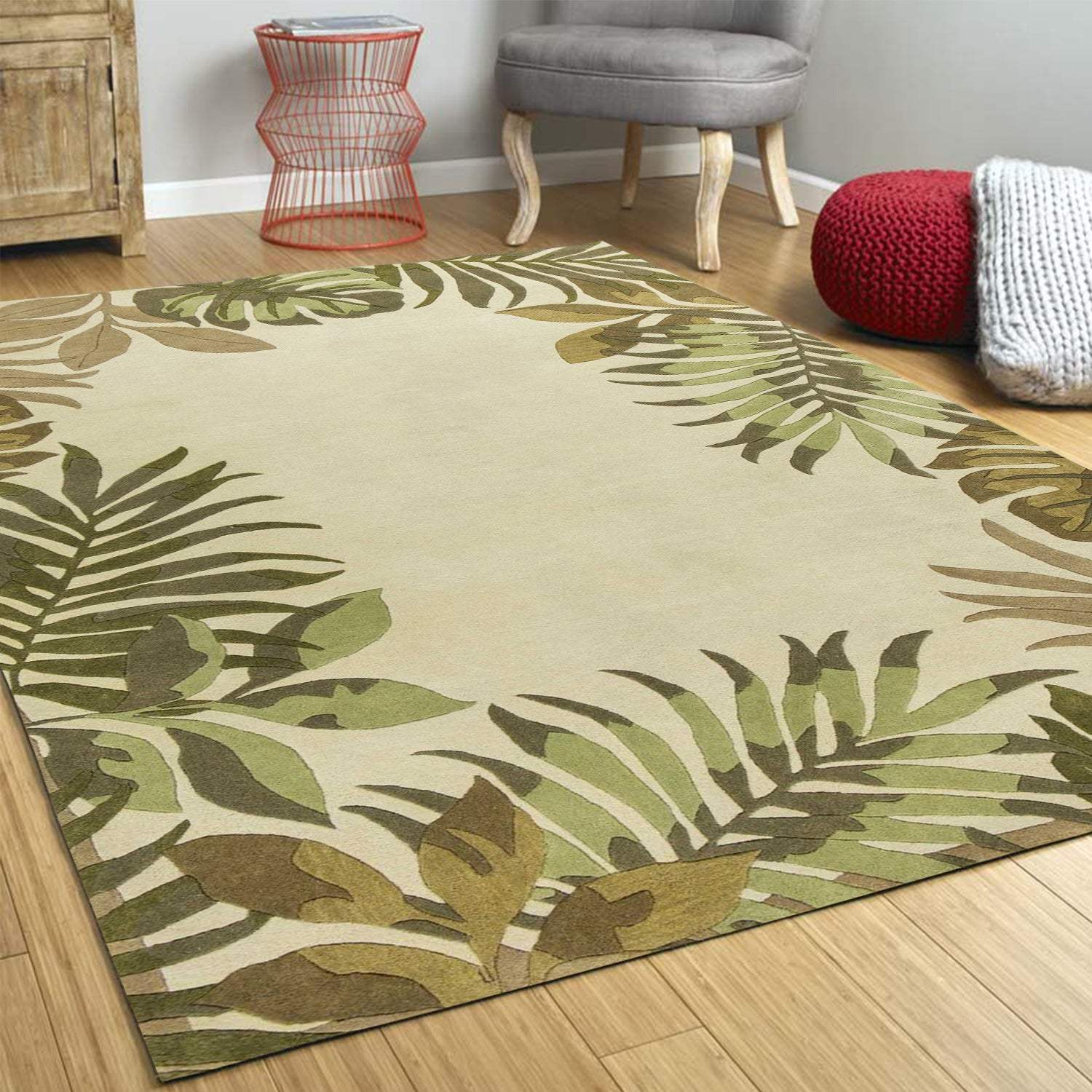2' X 4' Ivory Leaves Bordered Wool Area Rug - Image 6
