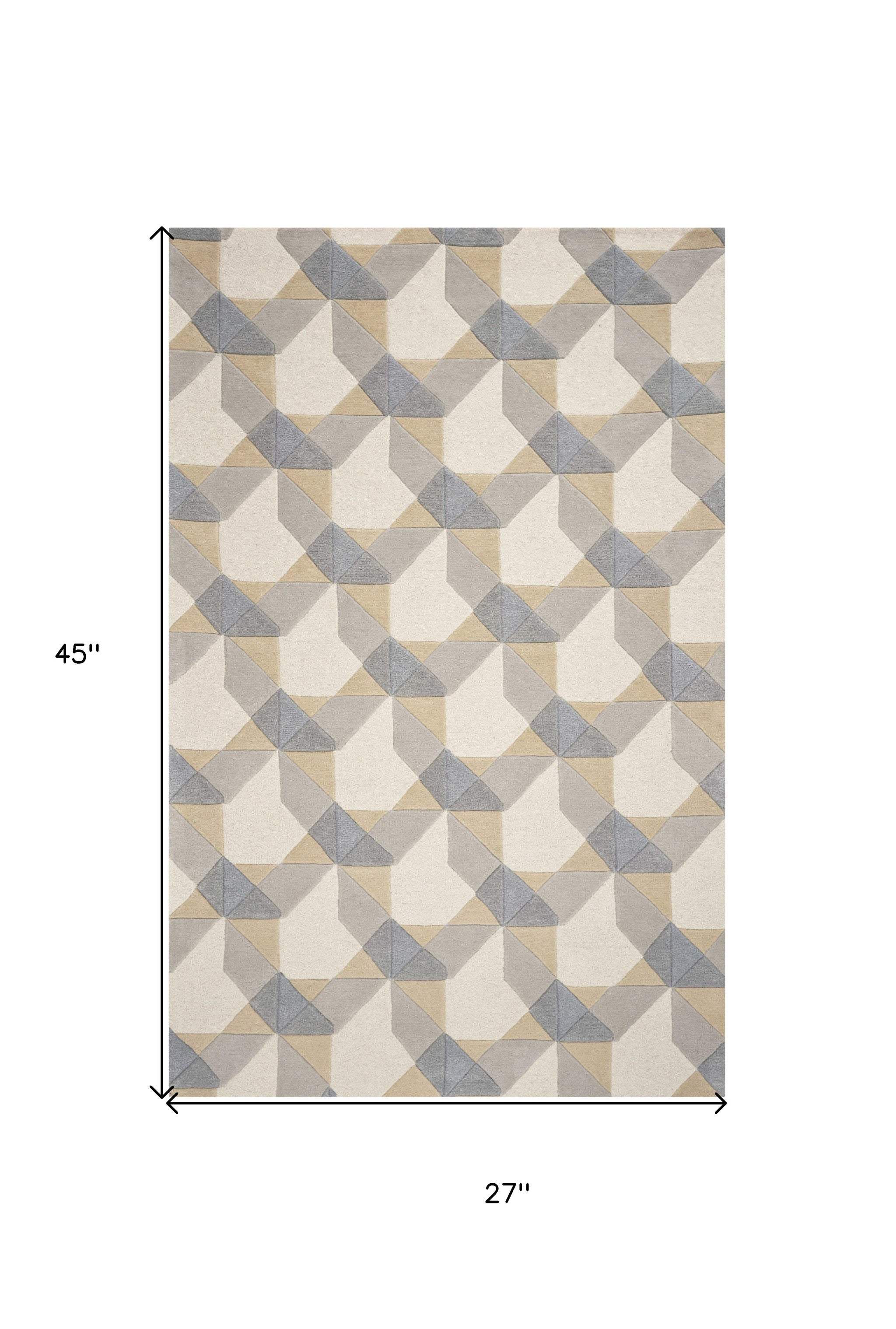 2' X 4' Ivory Or Grey Polygon Pattern Wool Area Rug - Image 3