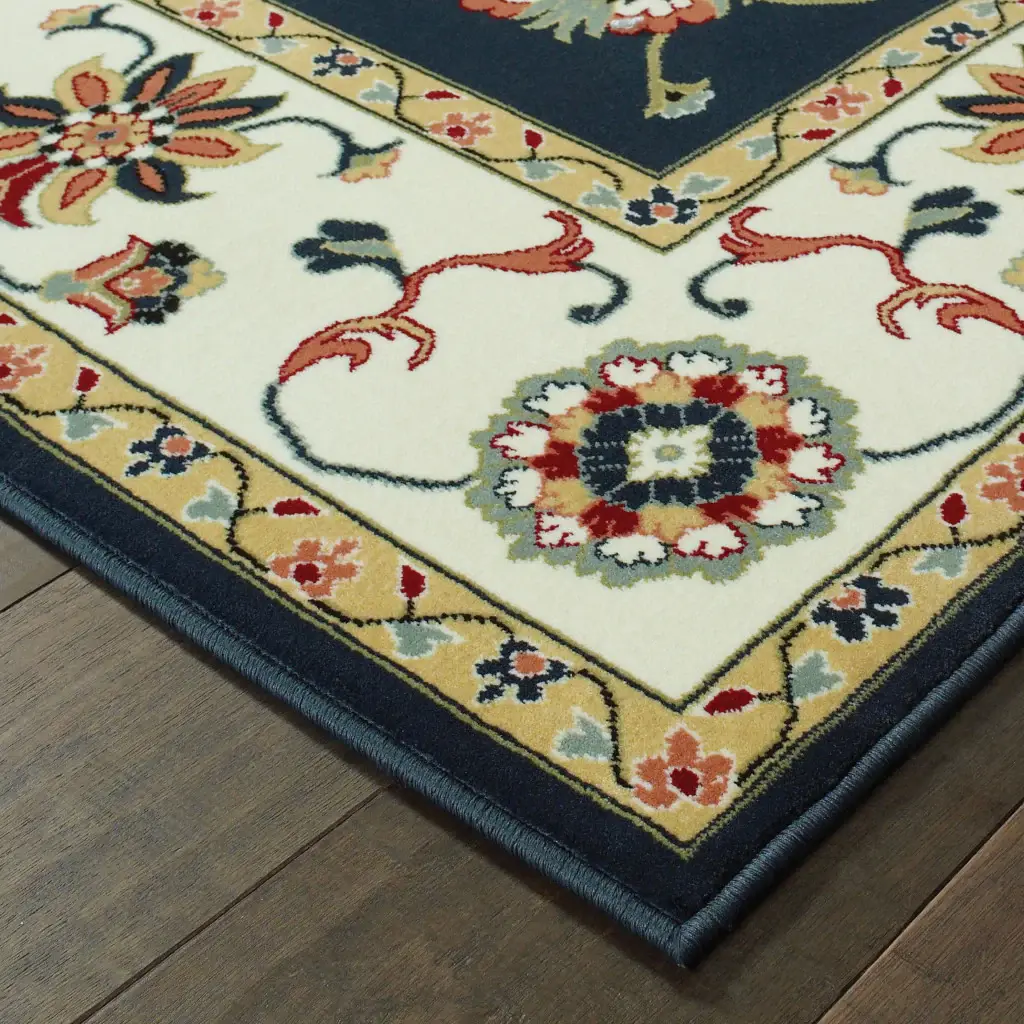 2' X 4' Navy And Ivory Oriental Power Loom Stain Resistant Area Rug - Image 2