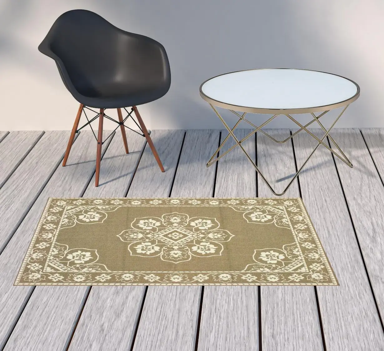 2' X 4' Tan Oriental Stain Resistant Indoor Outdoor Area Rug - Image 2