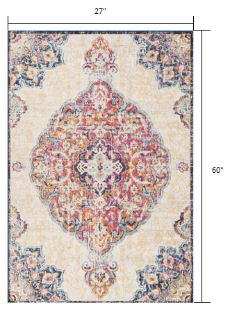 2' X 5' Blue and Beige Medallion Area Rug - Image 3