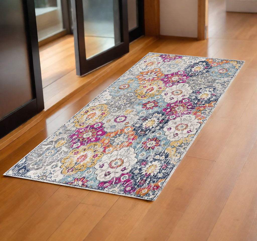 2' X 5' Blue and Ivory Floral Area Rug