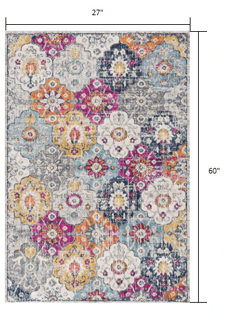 2' X 5' Blue and Ivory Floral Area Rug - Image 2