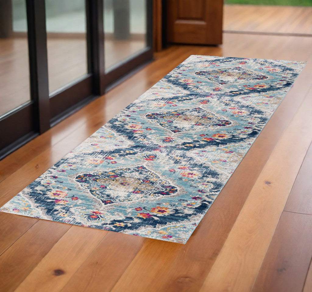 2' X 5' Blue and Ivory Medallion Area Rug