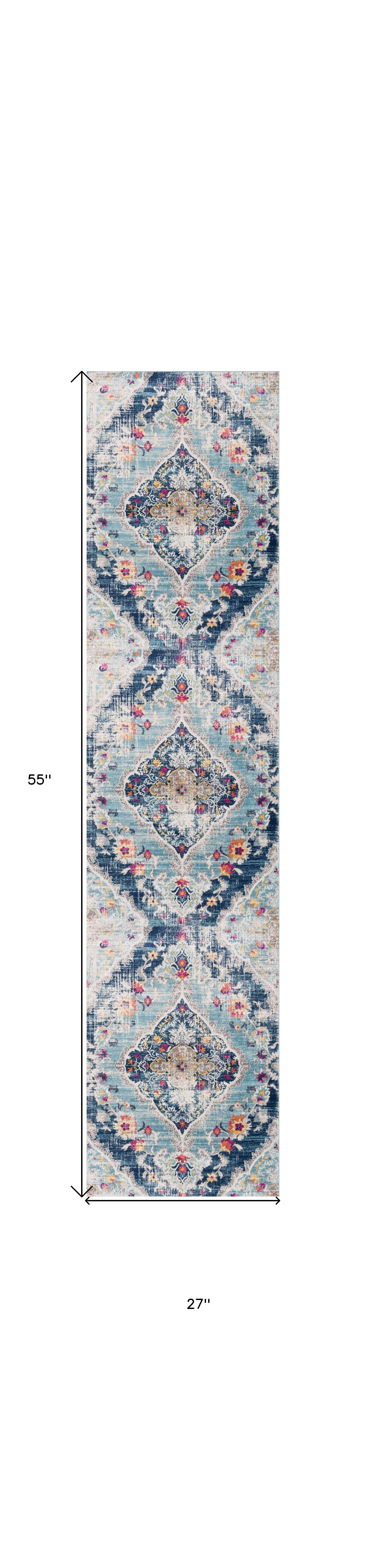 2' X 5' Blue and Ivory Medallion Area Rug - Image 2