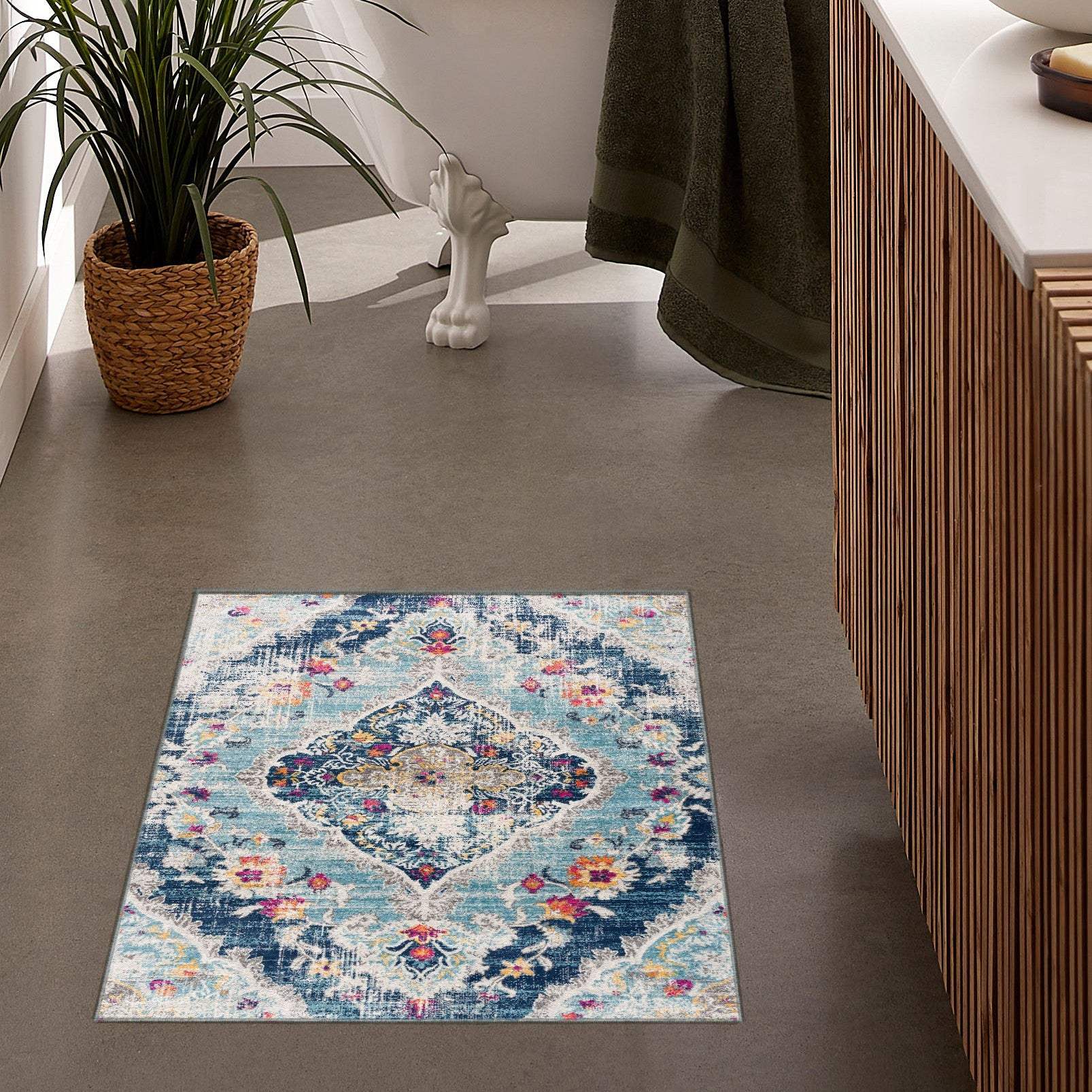 2' X 5' Blue and Ivory Medallion Area Rug - Image 5
