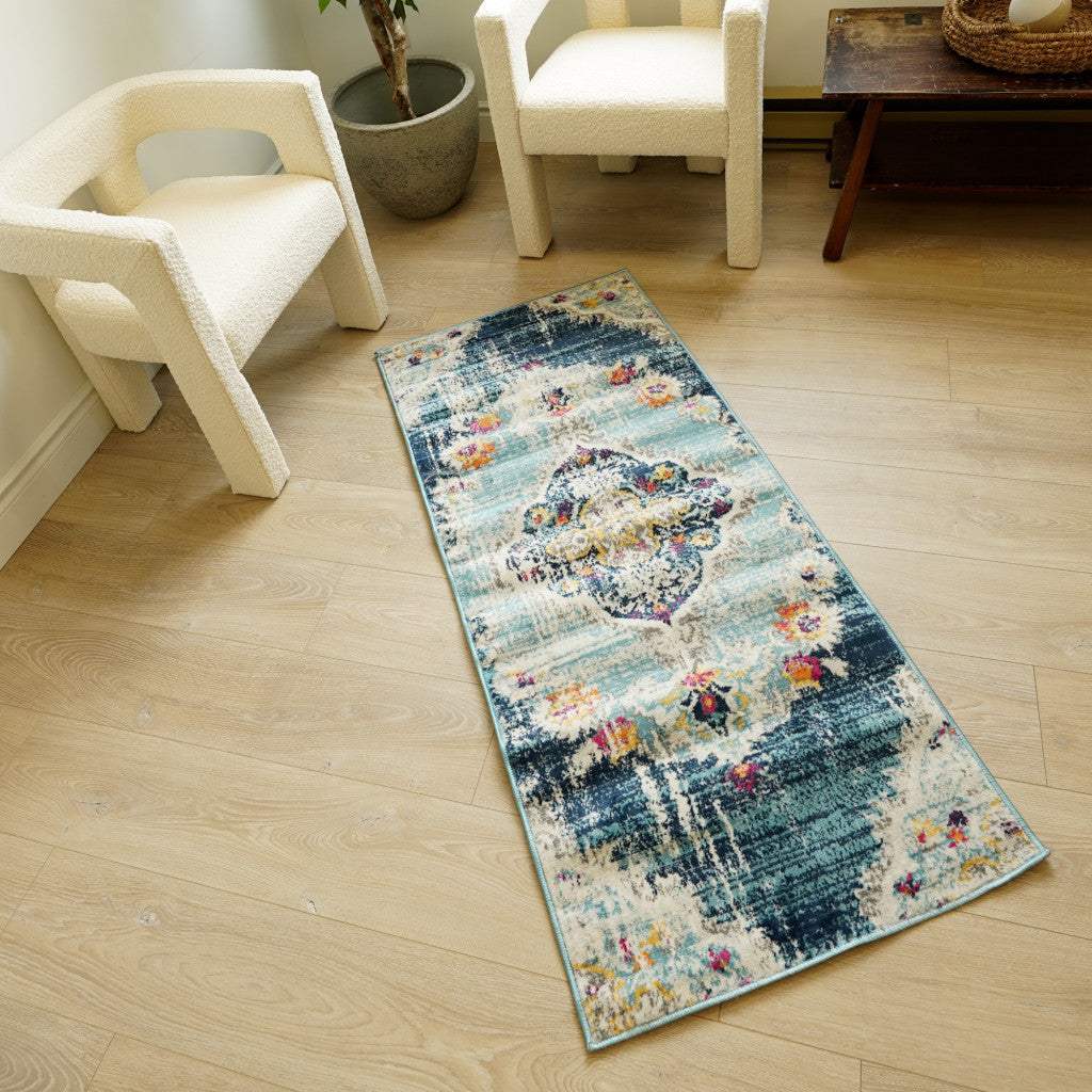 2' X 5' Blue and Ivory Medallion Area Rug - Image 6