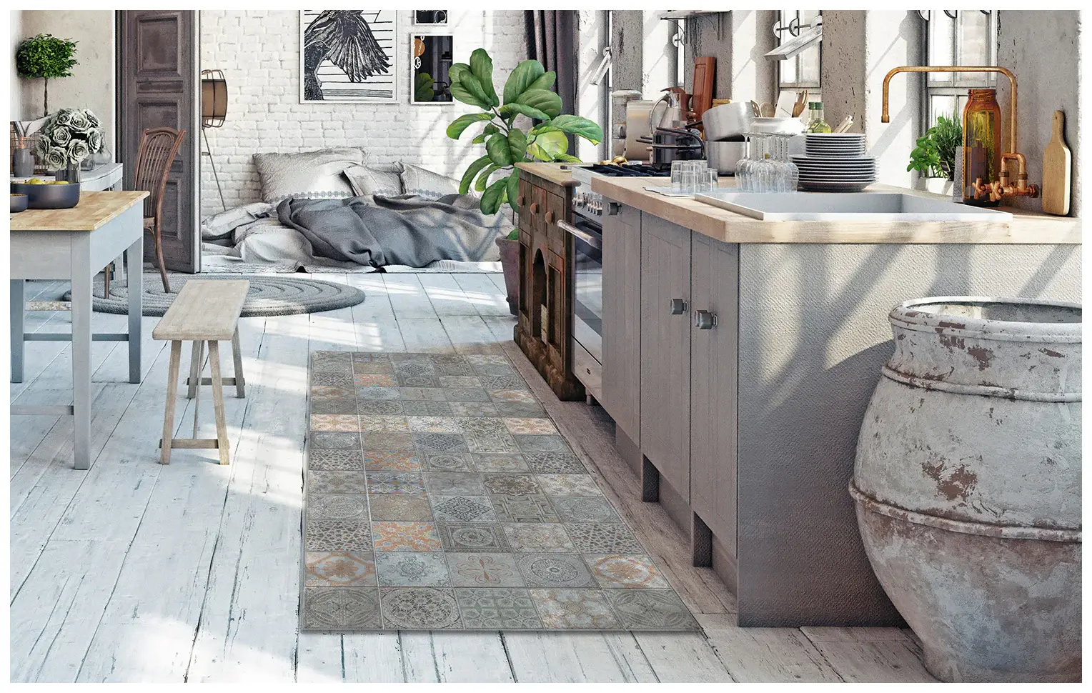2' X 5' Brown And Gray Mosaic Tile Printed Vinyl Area Rug with UV Protection - Image 7