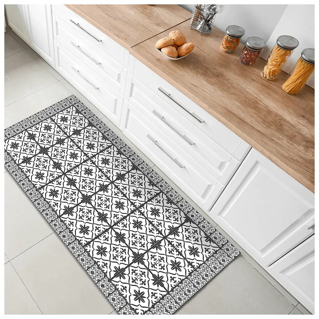2' X 5' Dark Gray And White Tile Printed Vinyl Area Rug with UV Protection - Image 6