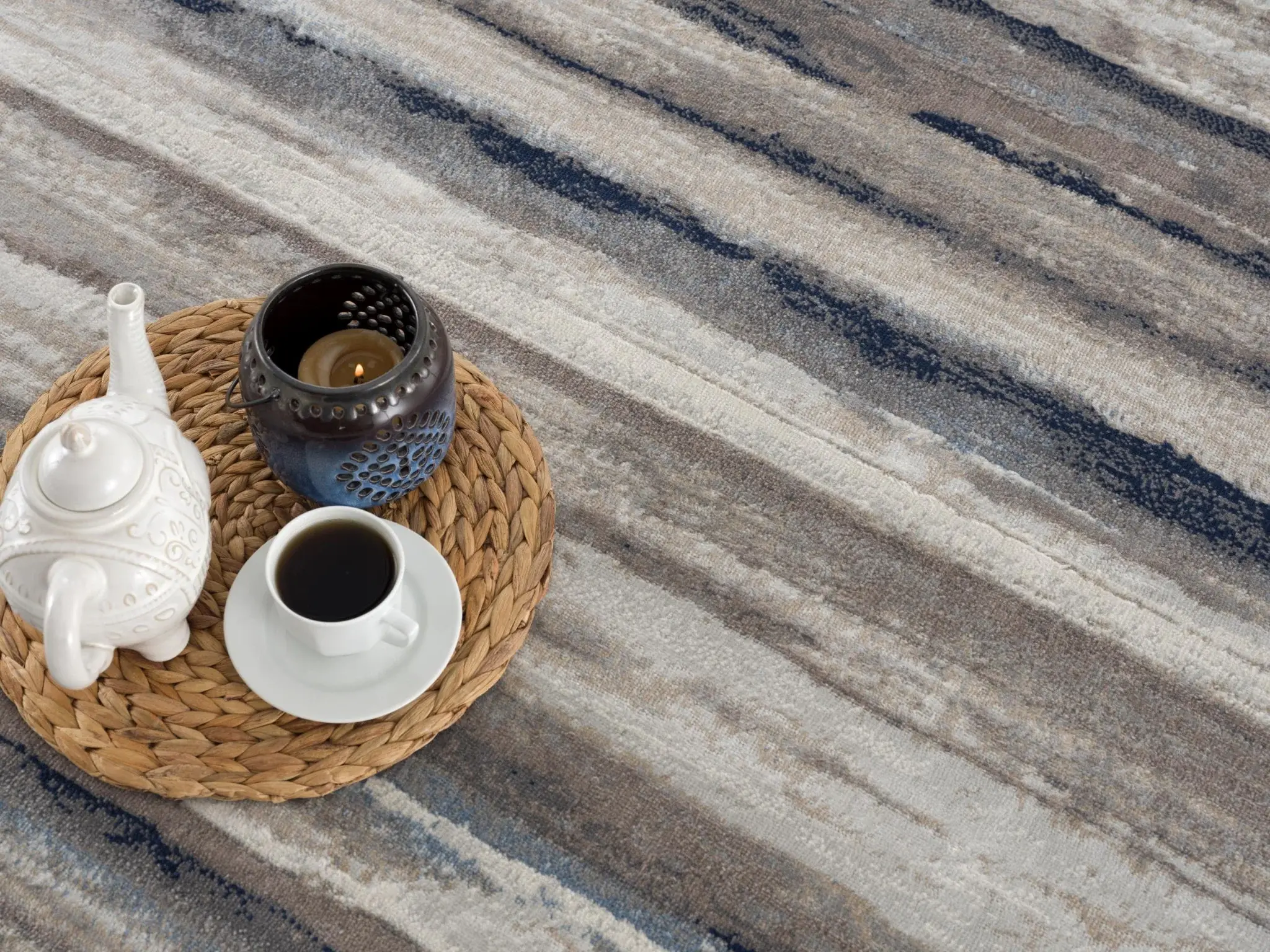 2' X 6' Blue And Beige Distressed Stripes Area Rug - Image 2