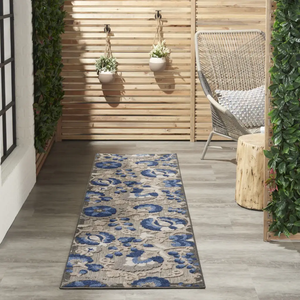 2' X 6' Blue And Gray Floral Indoor Outdoor Area Rug - Image 3